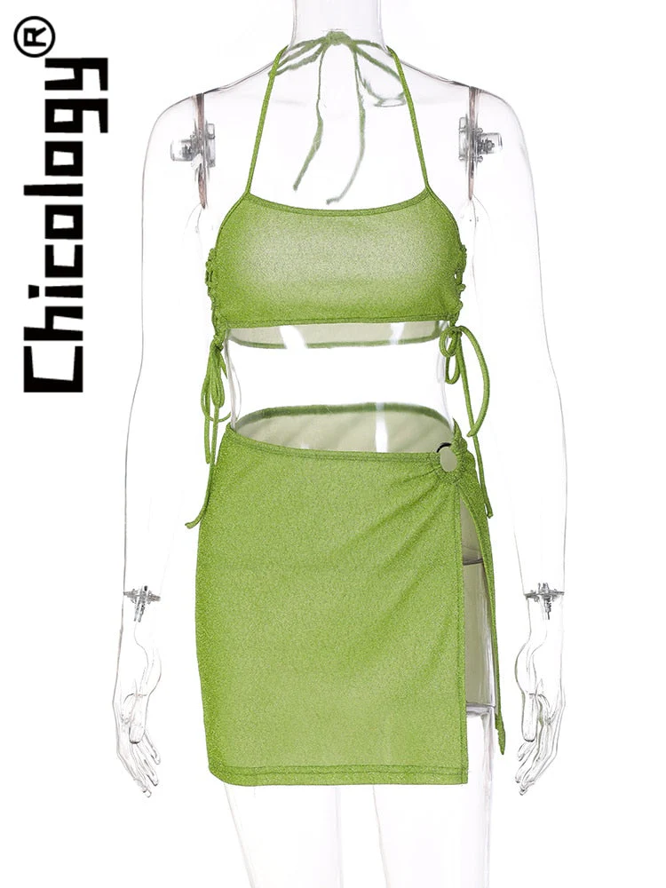 2022 Women Halter Lace Up Crop Top Split Mini Skirt - Image 3