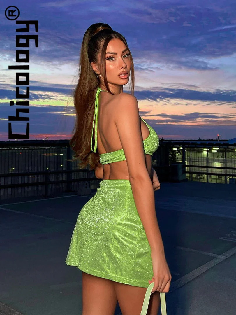 2022 Women Halter Lace Up Crop Top Split Mini Skirt - Image 6