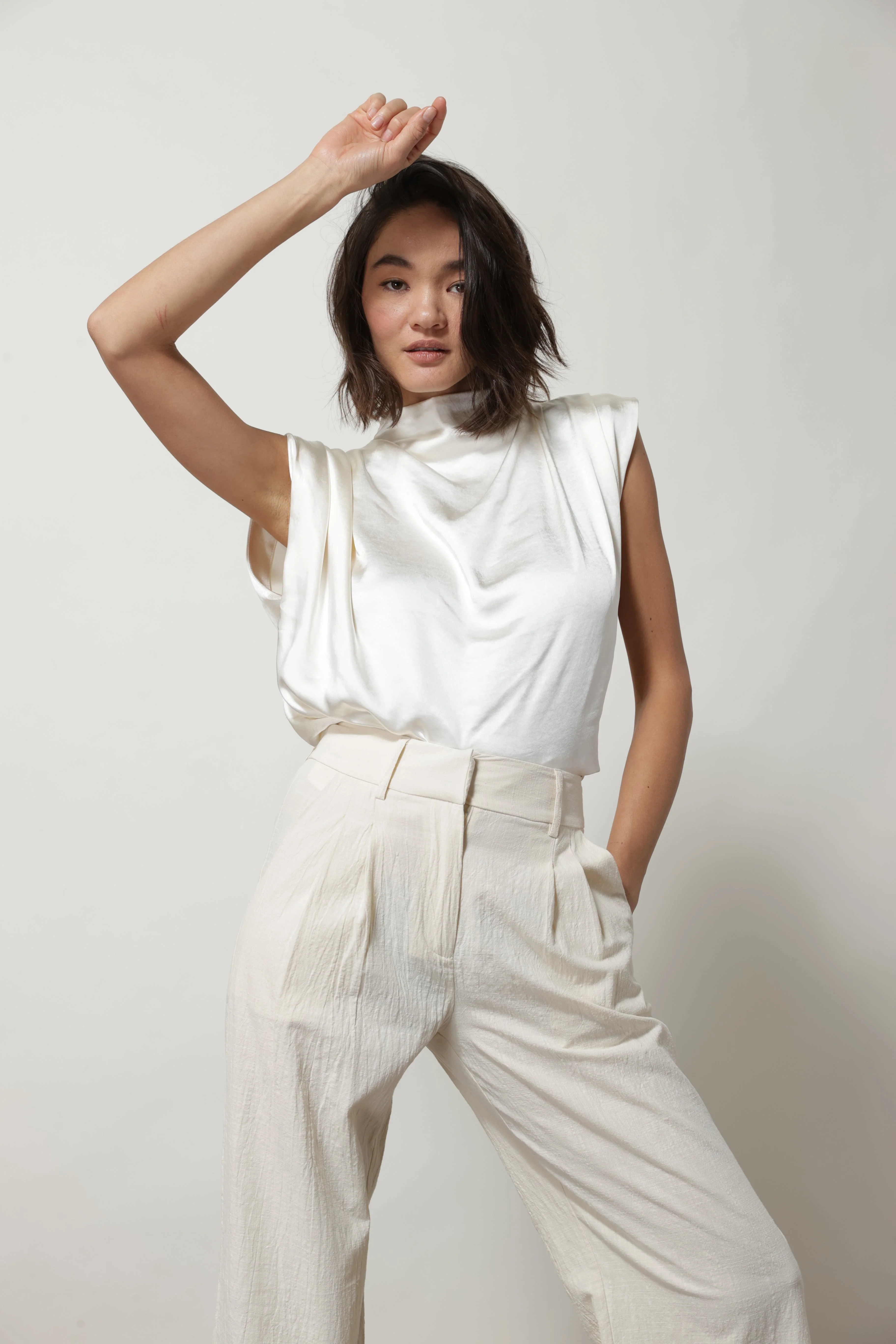 SATIN MOCK NECK BLOUSE IVORY - Image 3